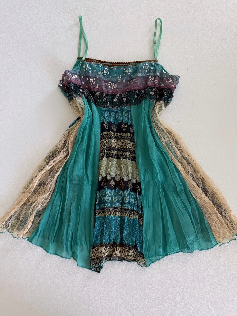 Vintage Boho Turquoise Patchwork Lace Top